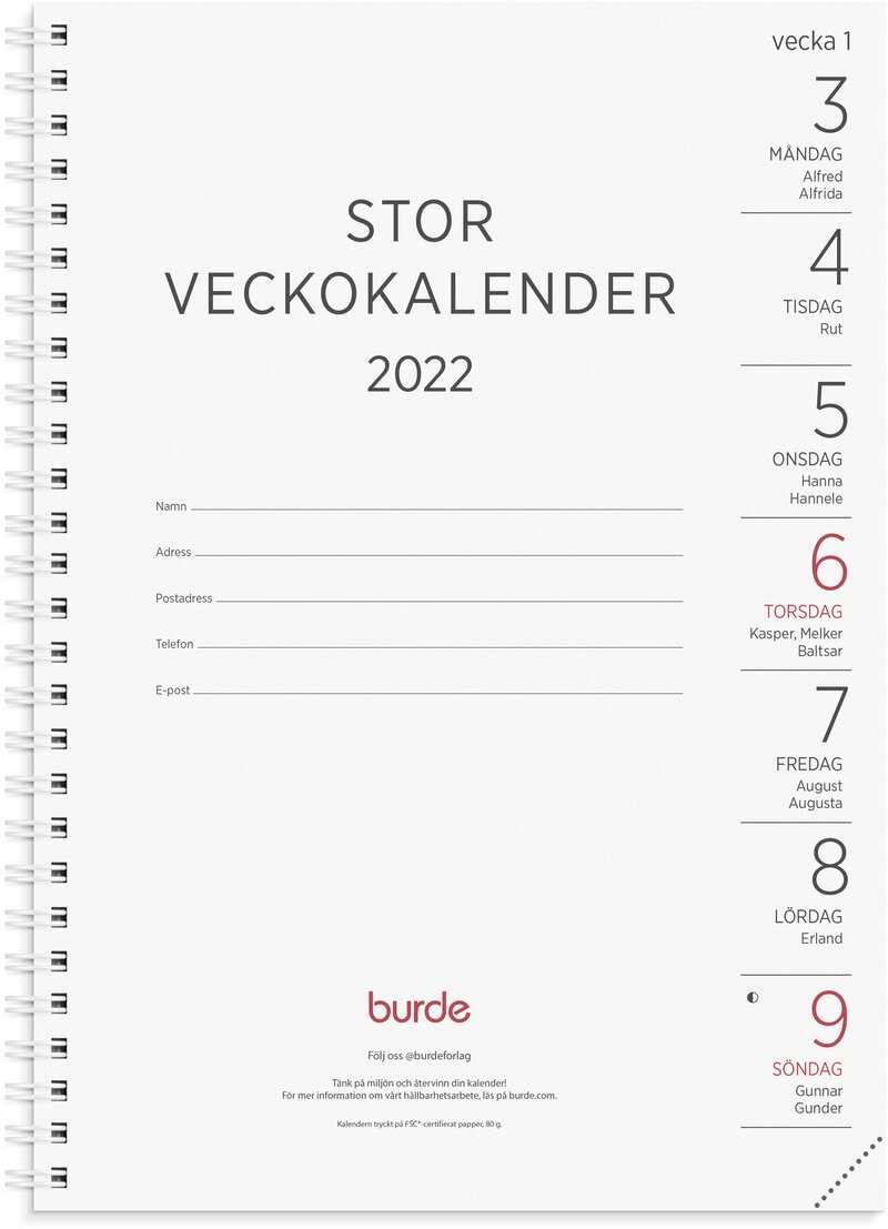 Stor Veckokalender, refill, FSC Mix