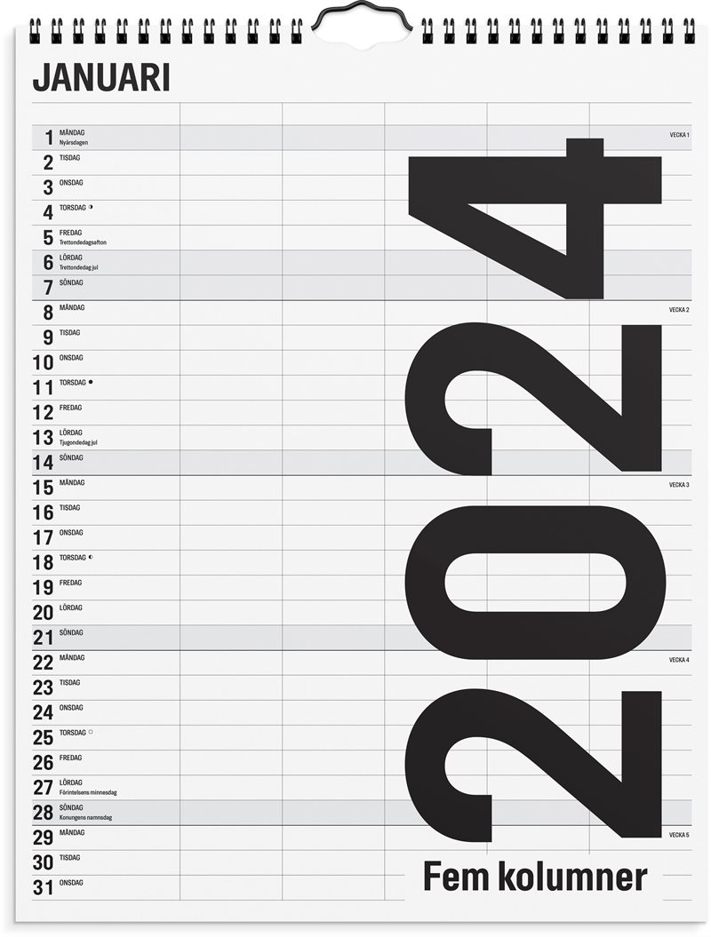 Familjekalender 2024 Black and white 5 kolumner